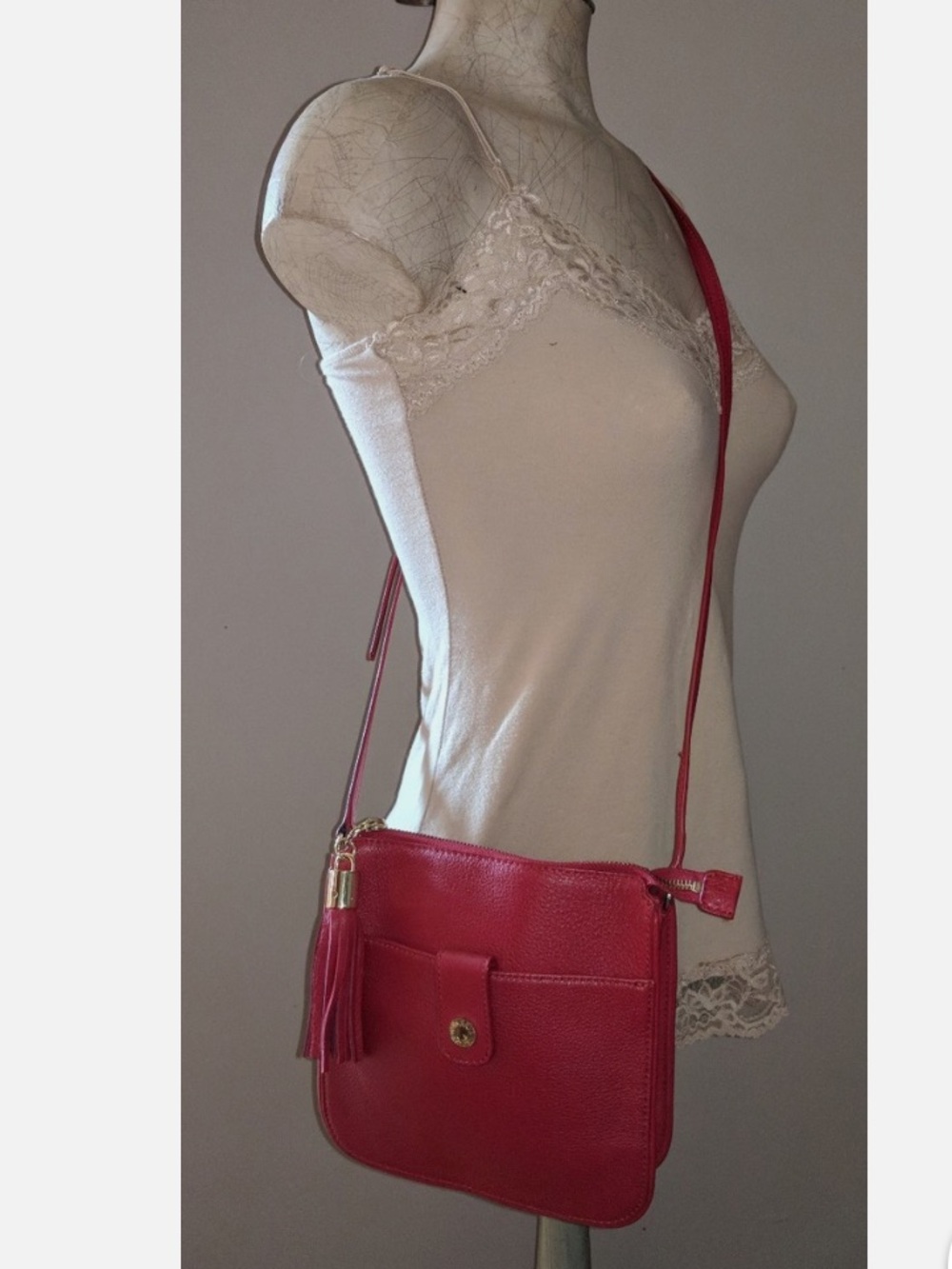 Talbots Crimson Leather Crossbody with Tassel